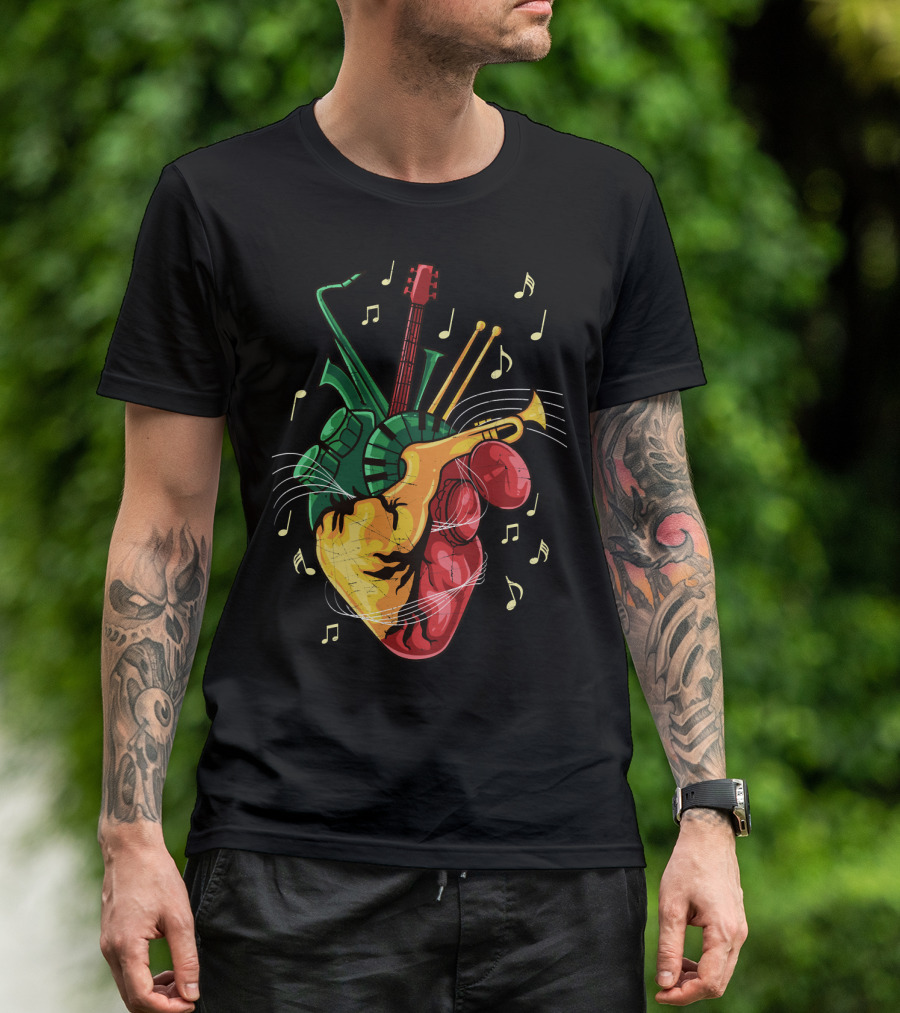 Reggae Lover Jamaican Heart Music Rastafari Instrument Fusion T-Shirt