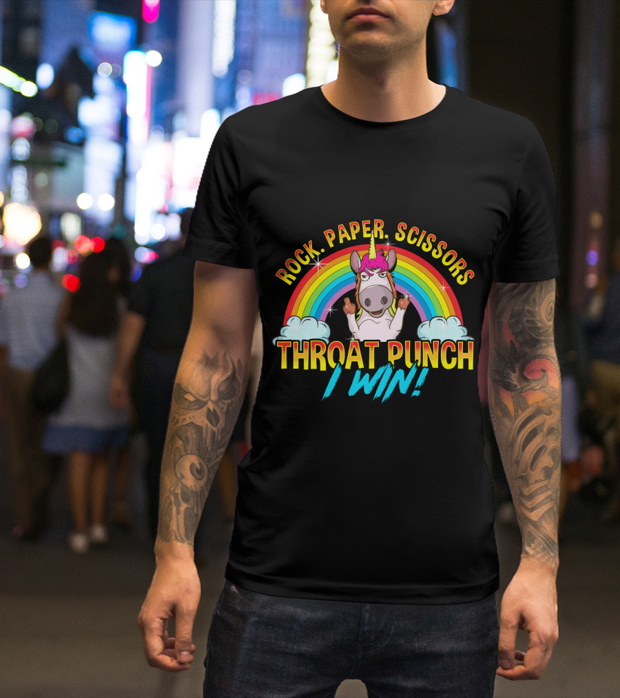 Rock Paper Scissors Throat Punch I Win Unicorn Rainbow T-Shirt
