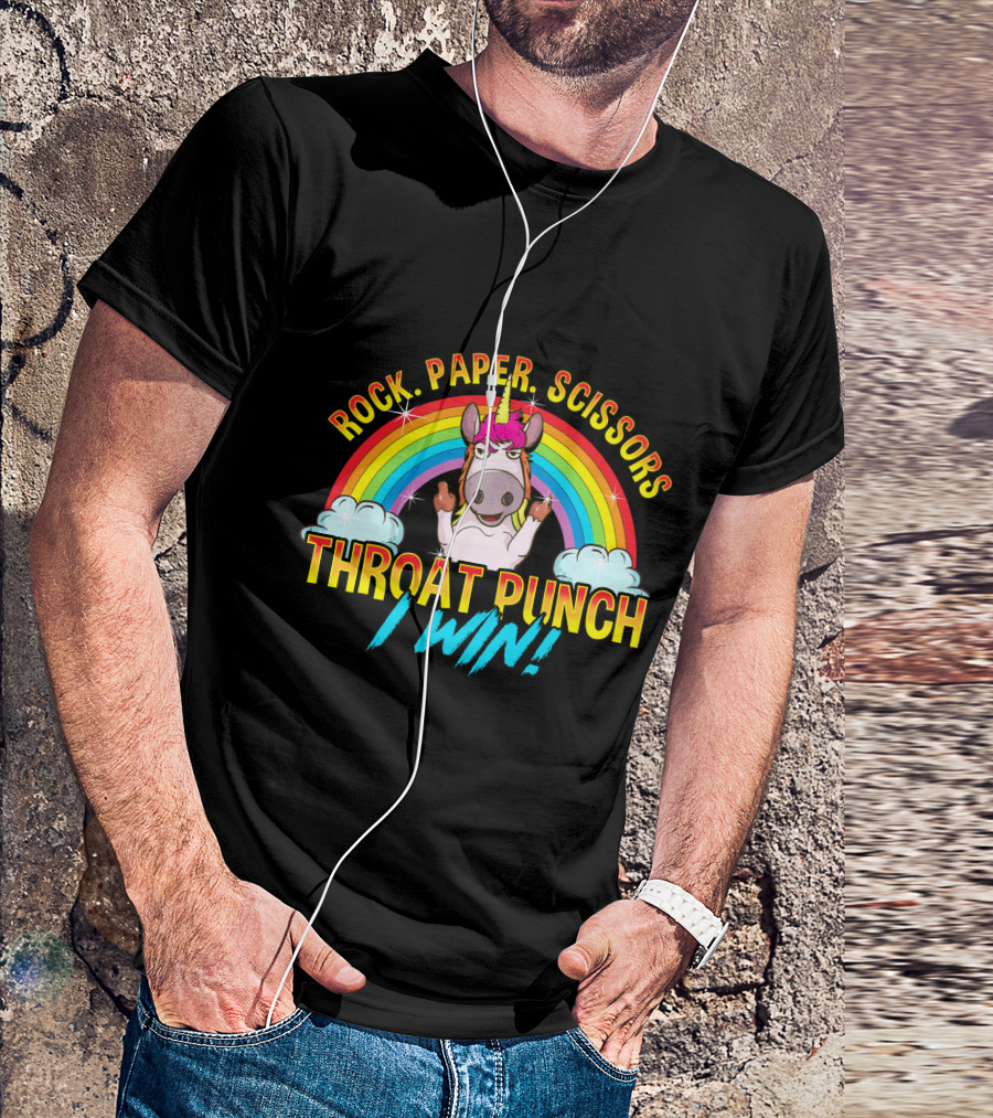 Rock Paper Scissors Throat Punch I Win Unicorn Rainbow T-Shirt