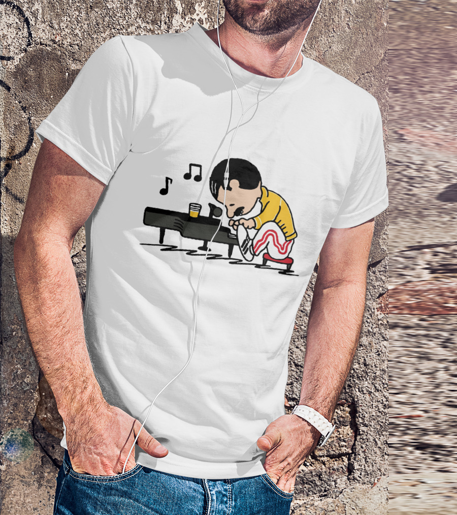 Freddie Mercury Peanuts Style Piano Playing Music Notes T-Shirt
