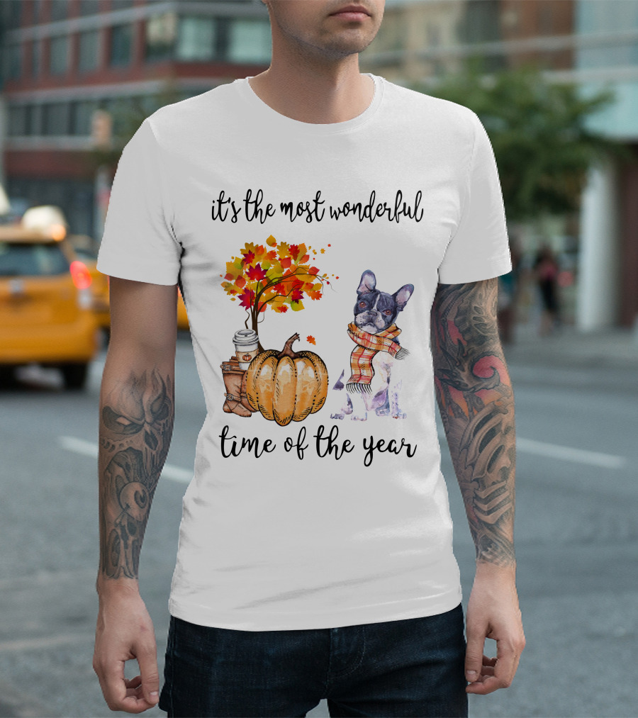 Its The Most Wonderful Time Of The Year Boston Terrier Autumn Pumpkin Leaves Coffee T-Shirt