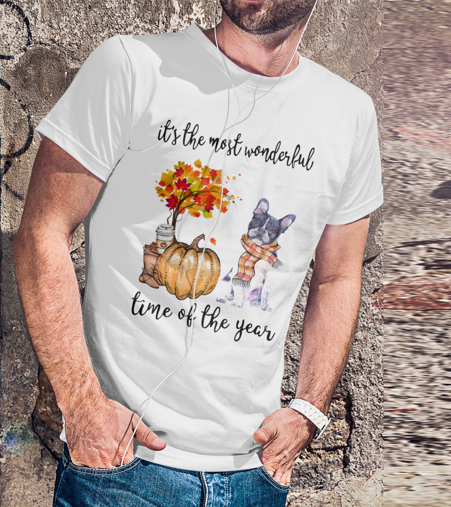 Its The Most Wonderful Time Of The Year Boston Terrier Autumn Pumpkin Leaves Coffee T-Shirt