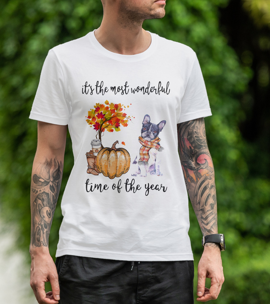 Its The Most Wonderful Time Of The Year Boston Terrier Autumn Pumpkin Leaves Coffee T-Shirt