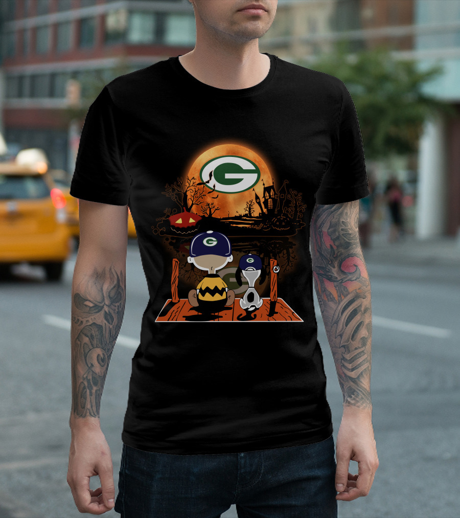 Charlie Brown and Snoopy Halloween Scene with Green Bay Packers T-Shirt