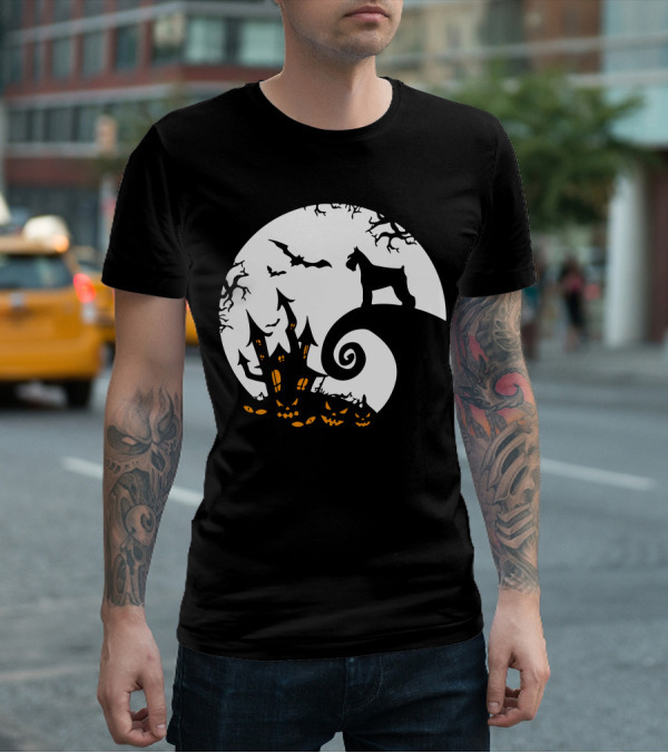 Funny Miniature Schnauzer And Moon Jack-O'-Lantern Halloween Night T-Shirt