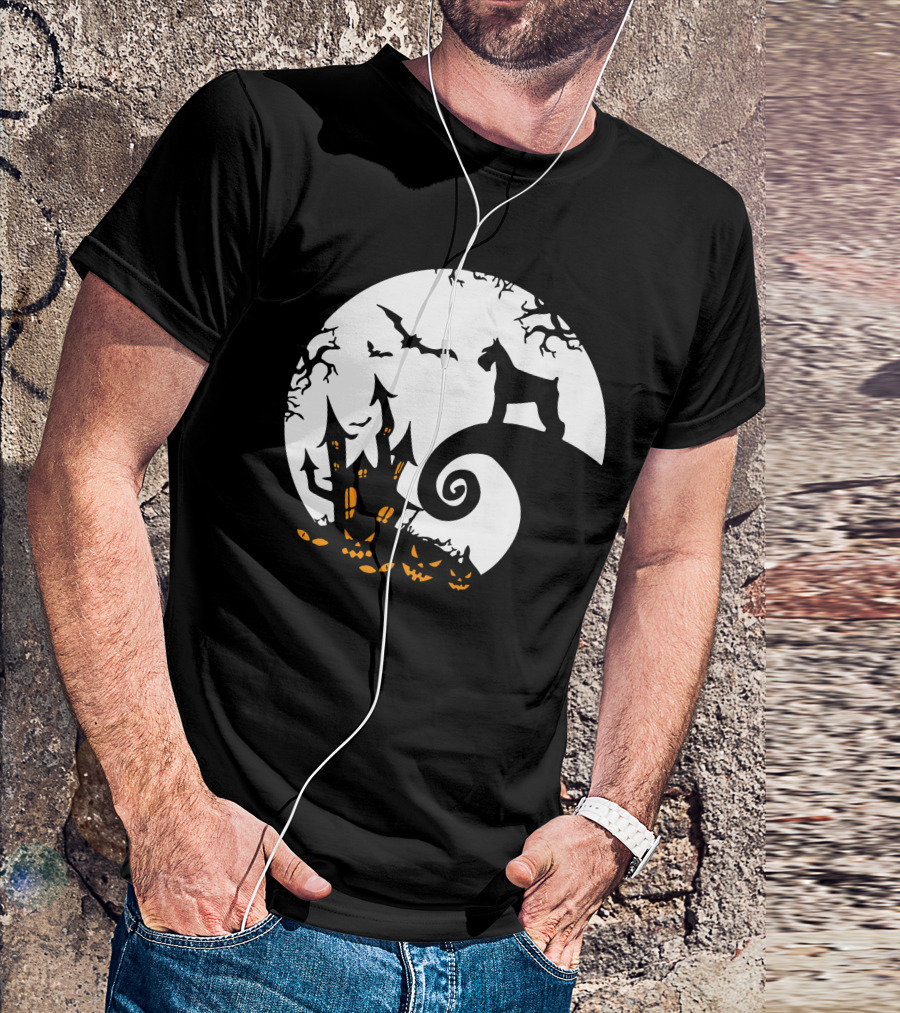 Funny Miniature Schnauzer And Moon Jack-O'-Lantern Halloween Night T-Shirt