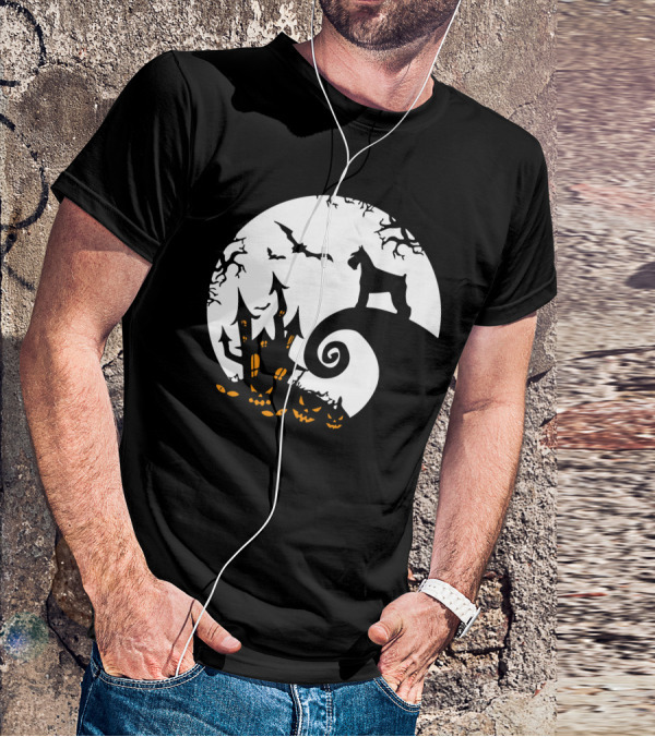 Funny Miniature Schnauzer And Moon Jack-O'-Lantern Halloween Night T-Shirt