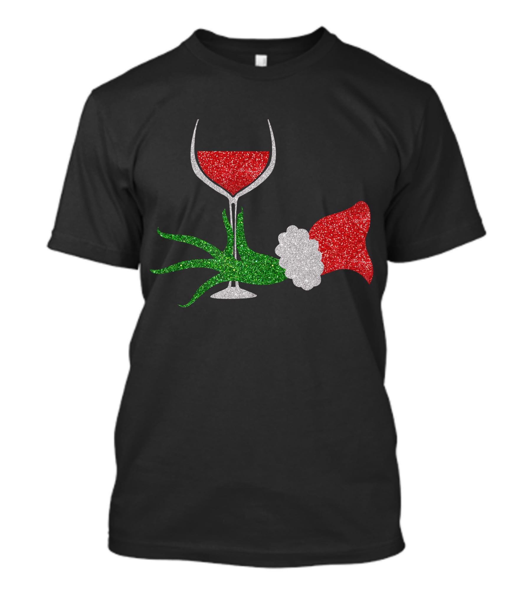 Grinch Hand Santa Hat Wine Glass Red Green Sparkle T-Shirt