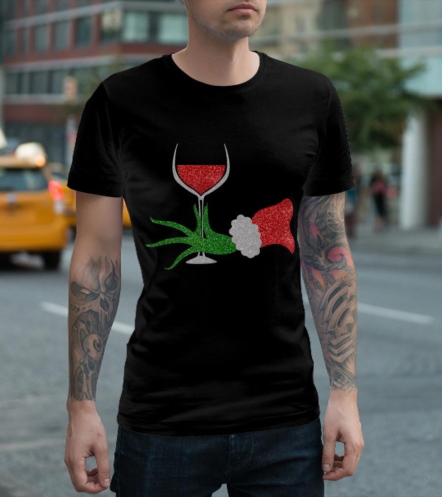 Grinch Hand Santa Hat Wine Glass Red Green Sparkle T-Shirt