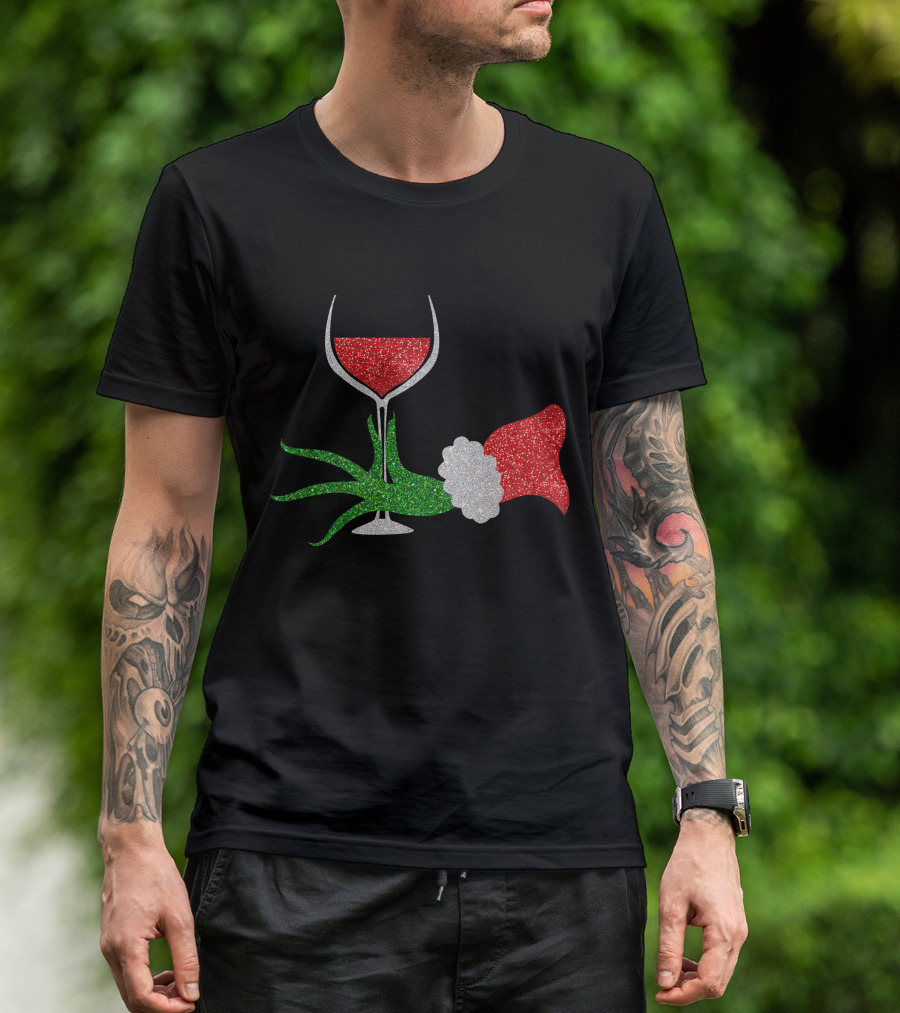 Grinch Hand Santa Hat Wine Glass Red Green Sparkle T-Shirt