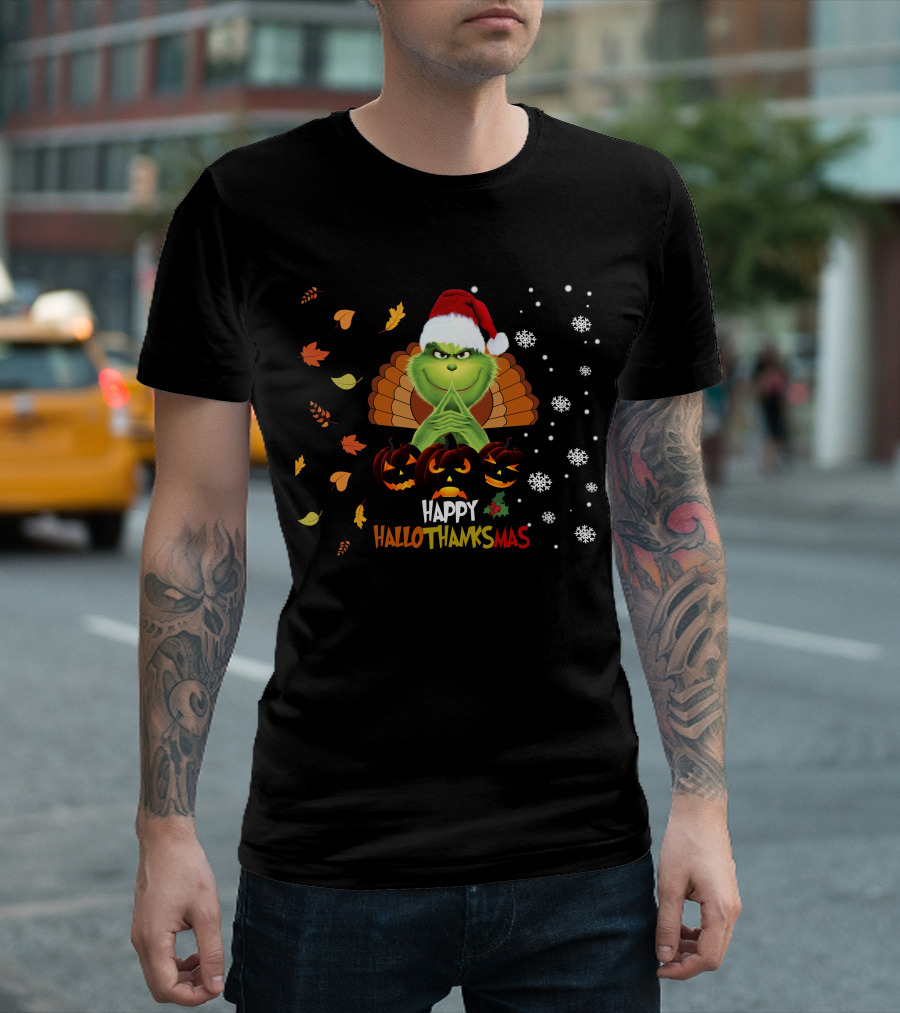 Grinch Happy Hallothanksmas Turkey Santa Hat Pumpkins Leaves Snowflakes T-Shirt