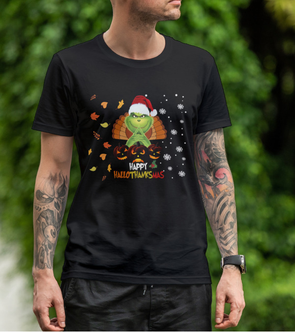 Grinch Happy Hallothanksmas Turkey Santa Hat Pumpkins Leaves Snowflakes T-Shirt