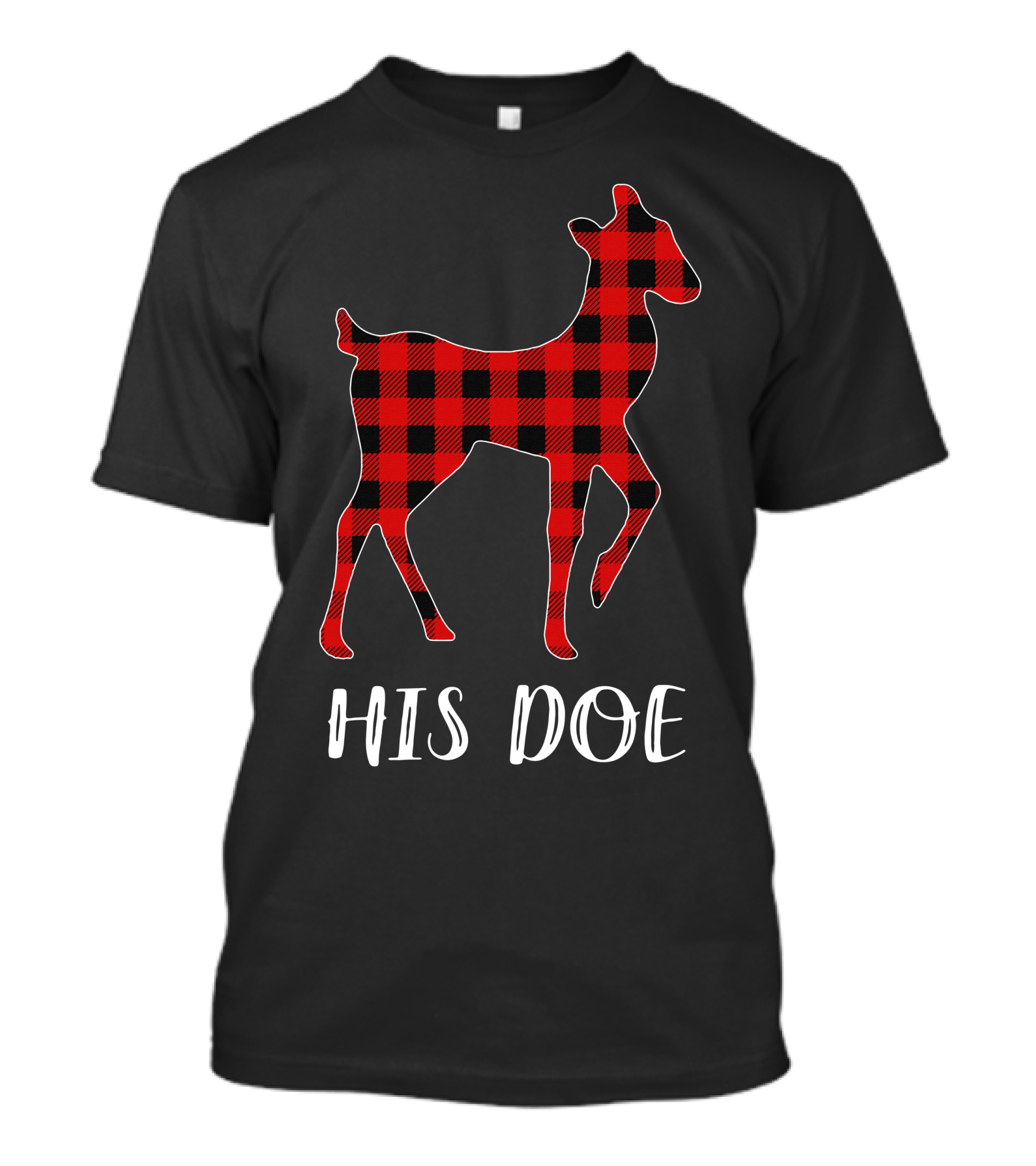 His Doe Her Buck Plaid Christmas Matching Couple Black And Red Buffalo Check Deer T-Shirt