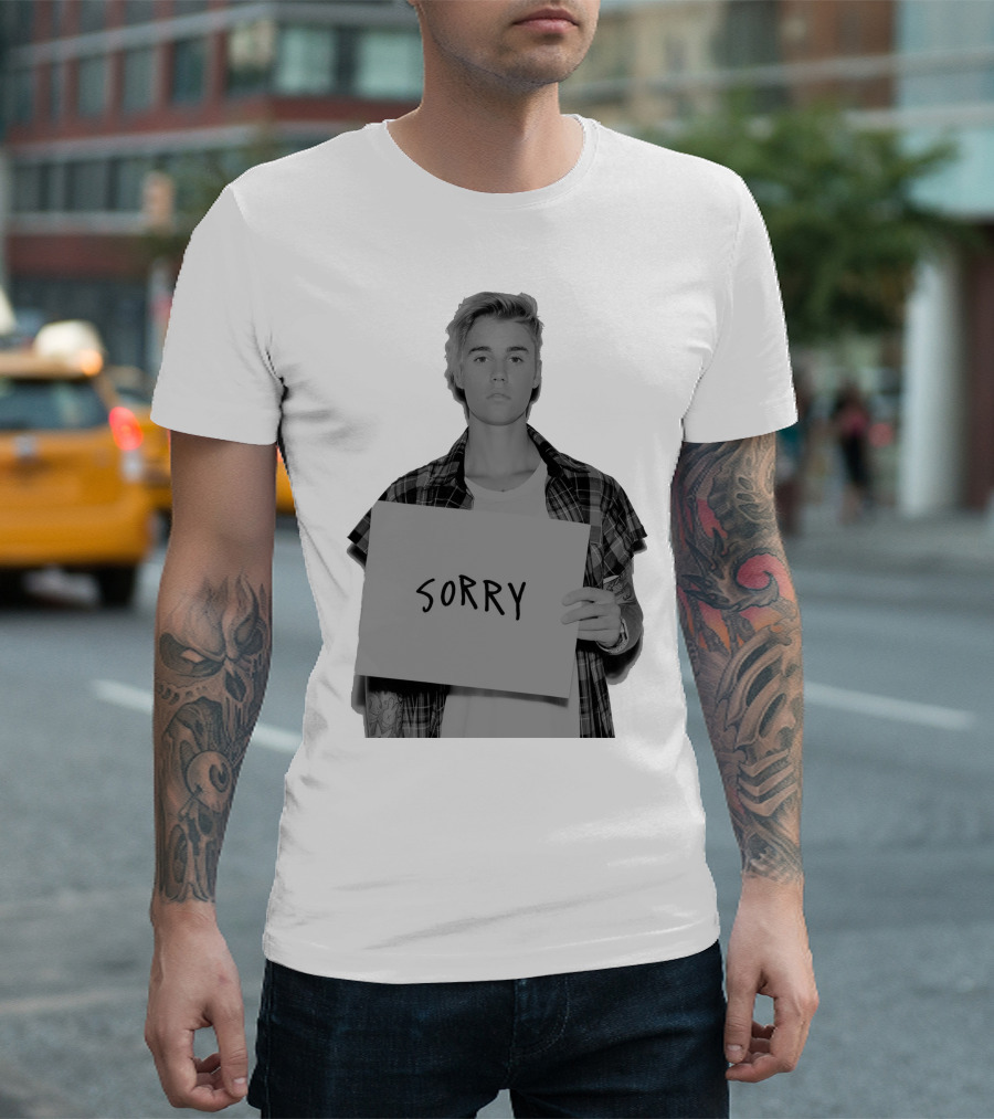 Sorry Justin Bieber Black and White Image T-Shirt