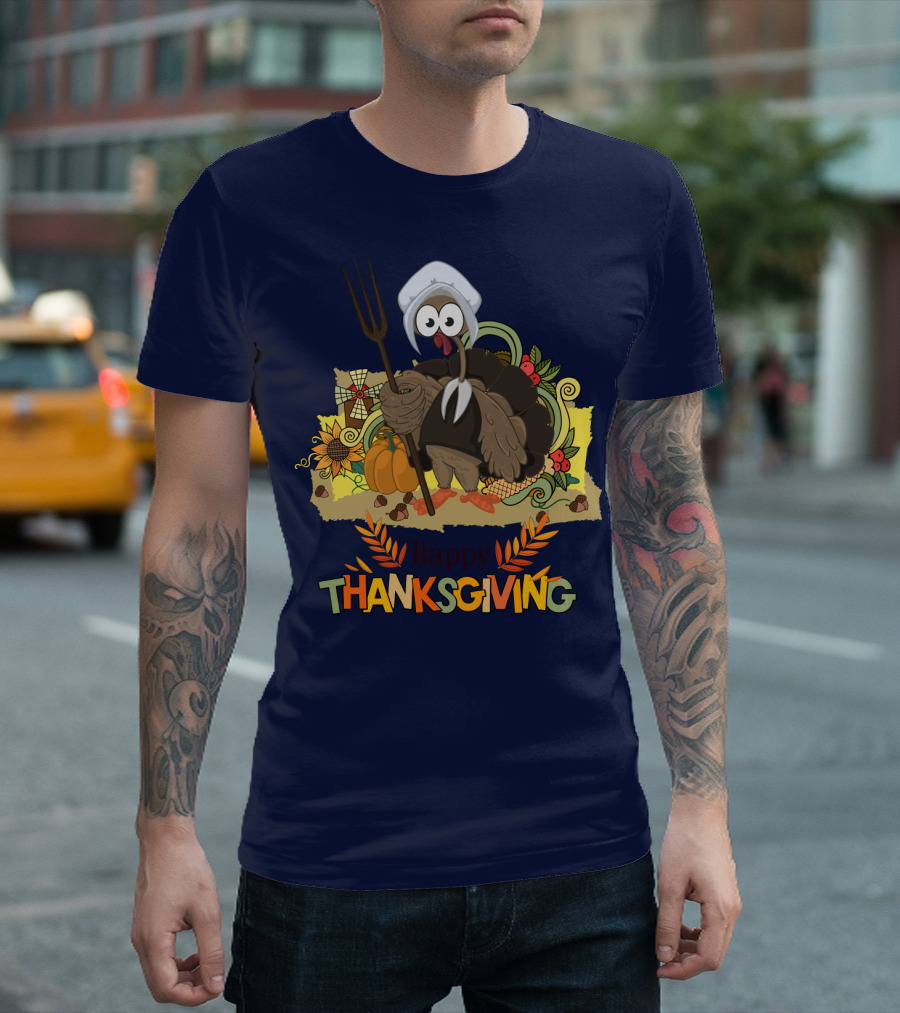 Happy Thanksgiving Turkey Holding Pitchfork Pumpkin Cornucopia Warm Colors T-Shirt