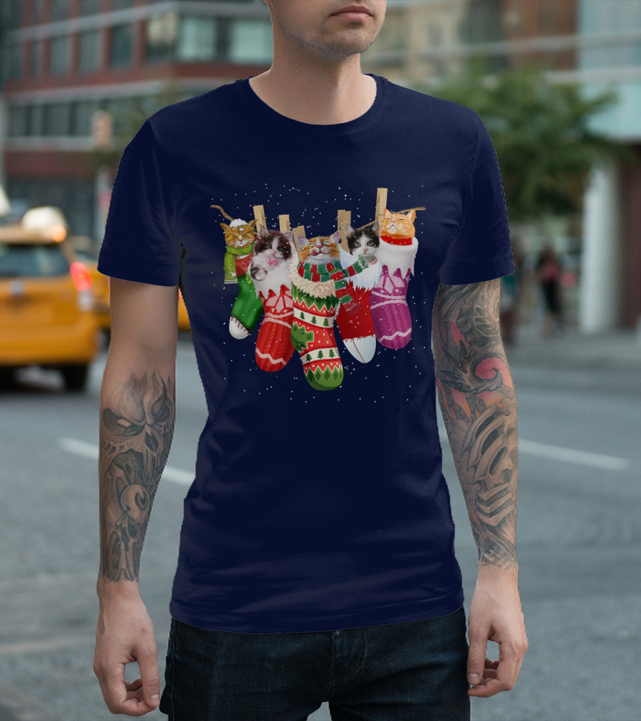Christmas Cats Hanging in Stockings with Scarves T-Shirt