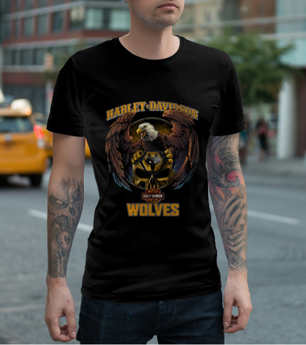 Harley Davidson Wolves Motor Cycles Eagle Shield T-Shirt