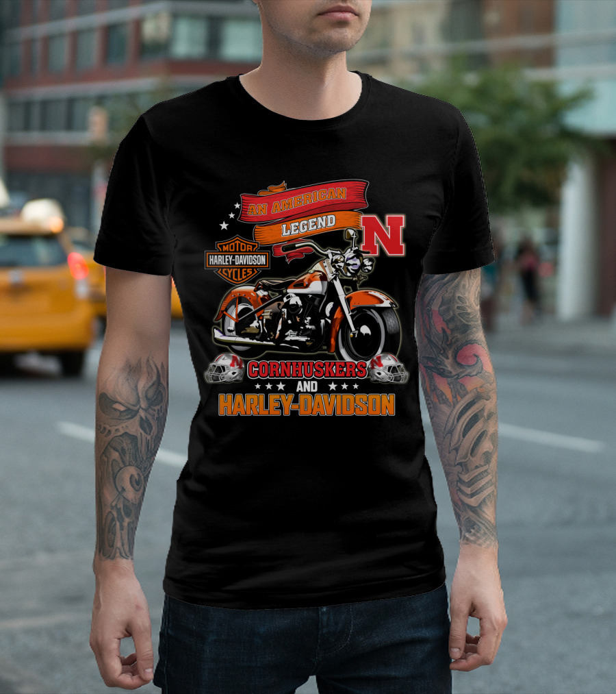 An American Legend Nebraska Cornhuskers And Harley Davidson Motorcycle Cycles T-Shirt