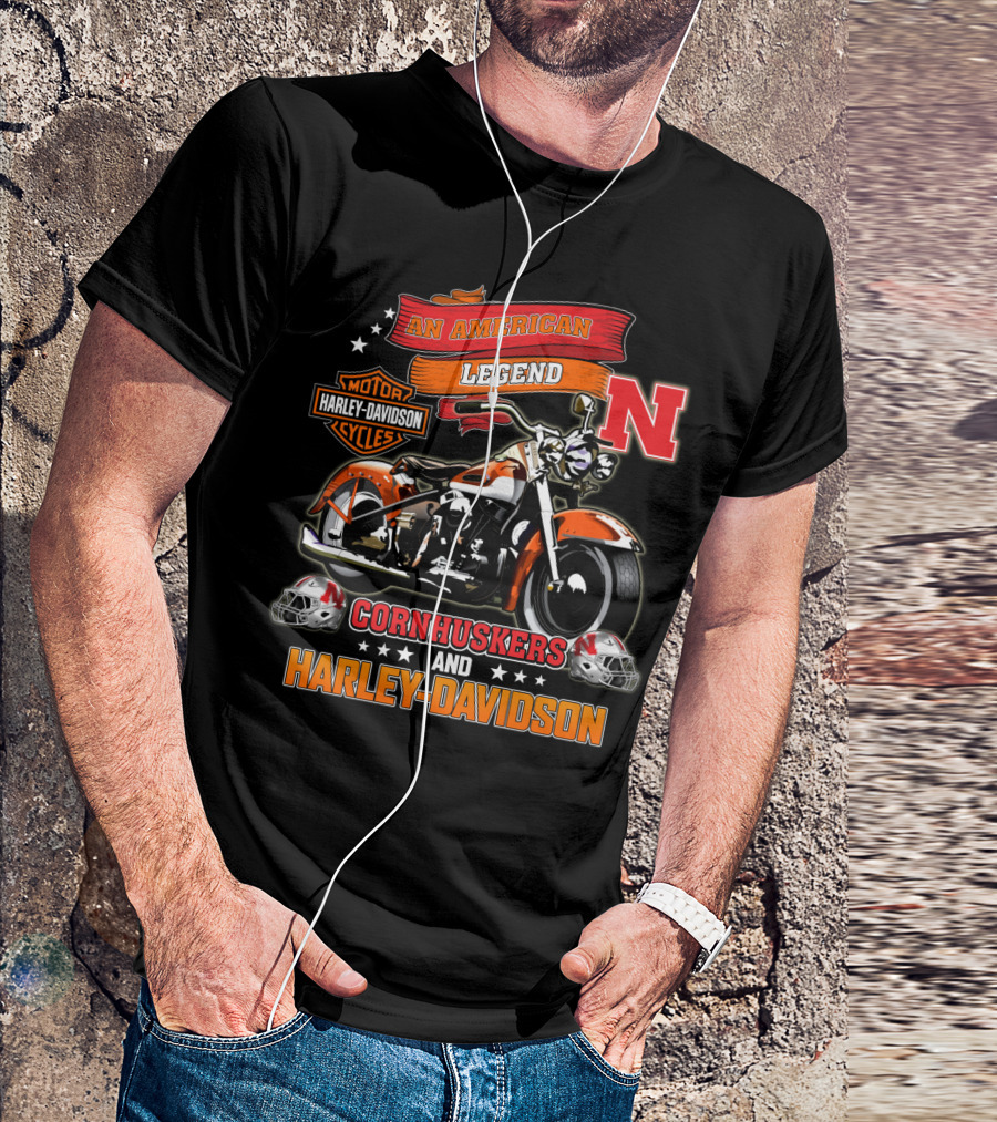 An American Legend Nebraska Cornhuskers And Harley Davidson Motorcycle Cycles T-Shirt