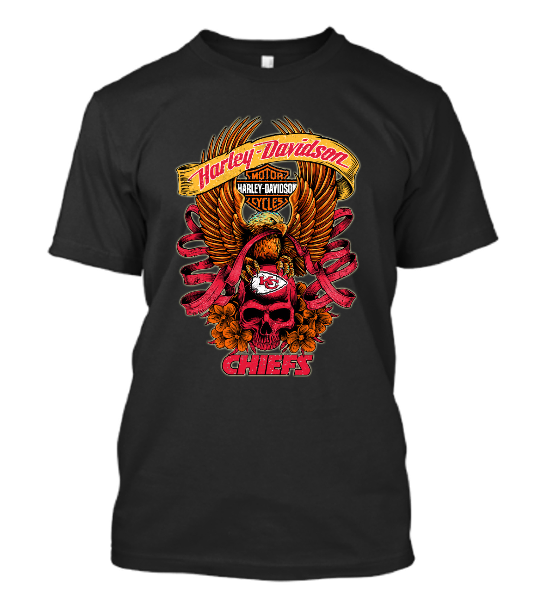 Harley Davidson Kansas City Chiefs Skull Eagle Flowers T-Shirt