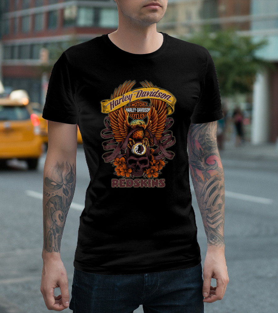 Harley Davidson Motor Cycles Redskins Eagle Skull Flowers T-Shirt