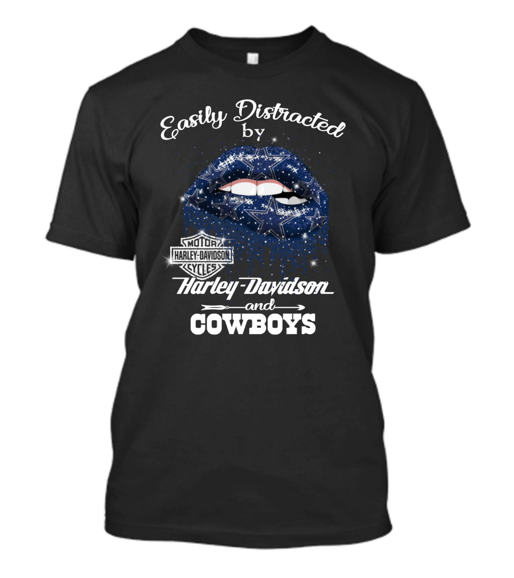 Easily Distracted By Harley Davidson And Cowboys Lips Stars T-Shirt