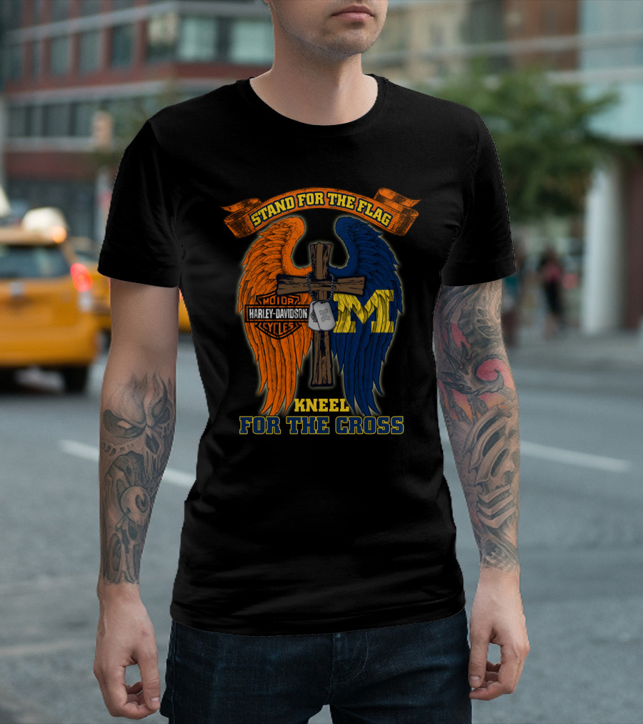 Stand For The Flag Kneel For The Cross Harley Davidson Michigan Wolverines T-Shirt