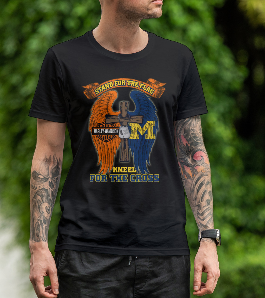 Stand For The Flag Kneel For The Cross Harley Davidson Michigan Wolverines T-Shirt
