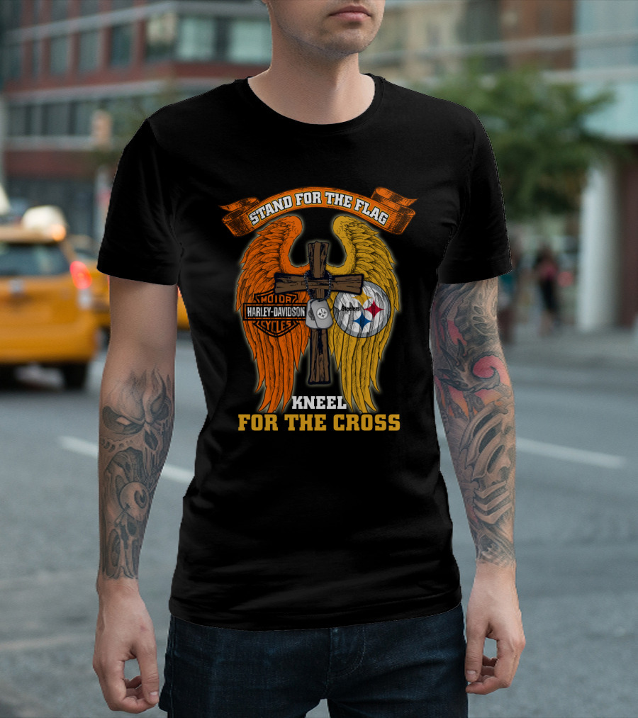 Stand For The Flag Kneel For The Cross Harley Davidson Pittsburgh Steelers Wings T-Shirt