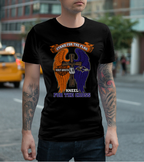 Stand For The Flag Kneel For The Cross Harley Davidson Motorcycles Baltimore Ravens T-Shirt