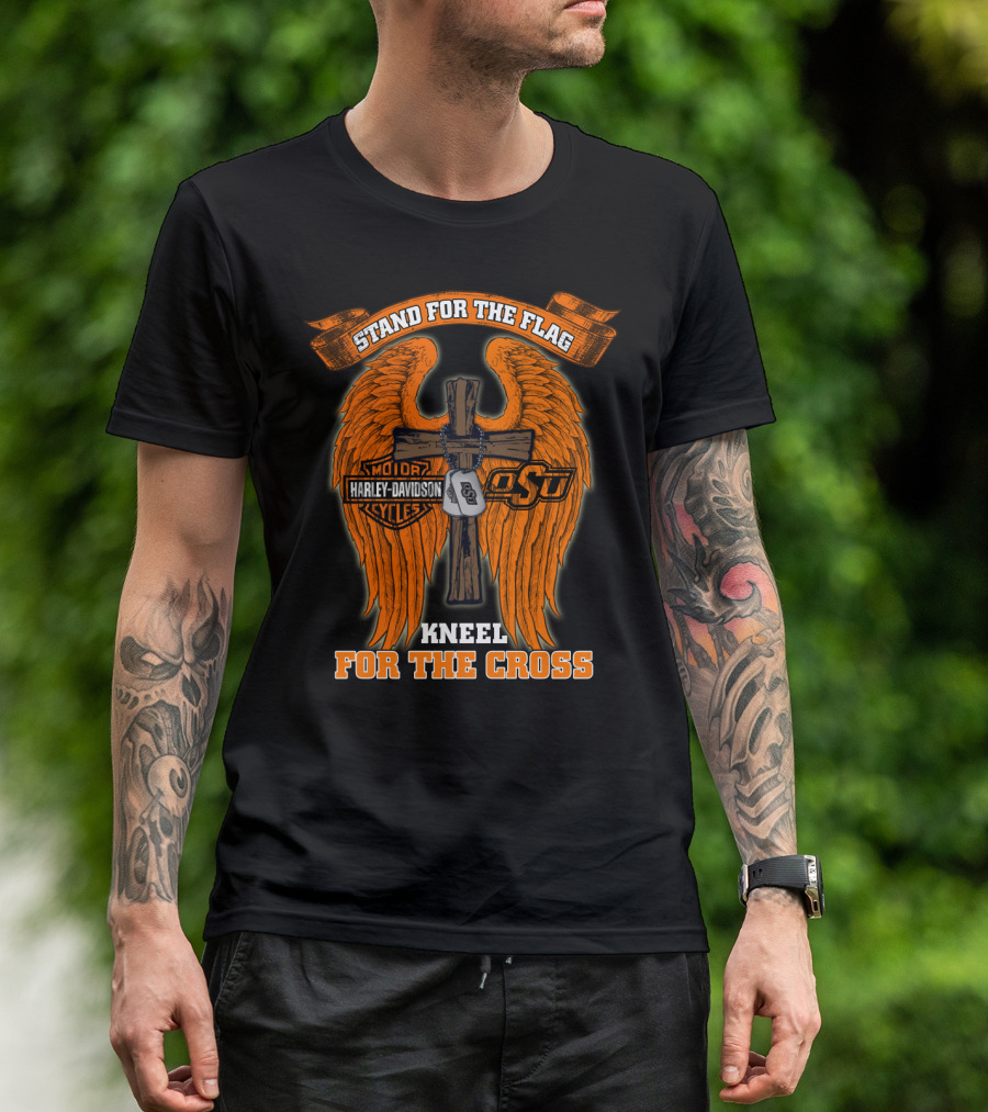 Stand For The Flag Kneel For The Cross Harley Davidson Osu Oklahoma State Cowboys T-Shirt