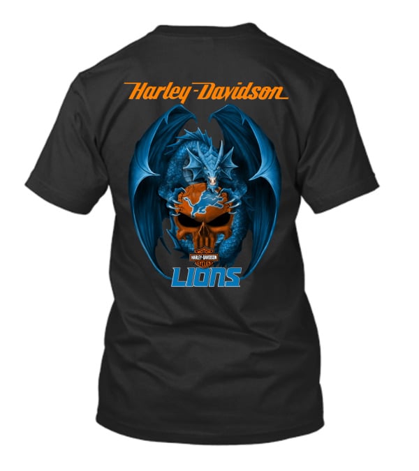 Harley Davidson Detroit Lions Blue Dragon Skulls T-Shirt