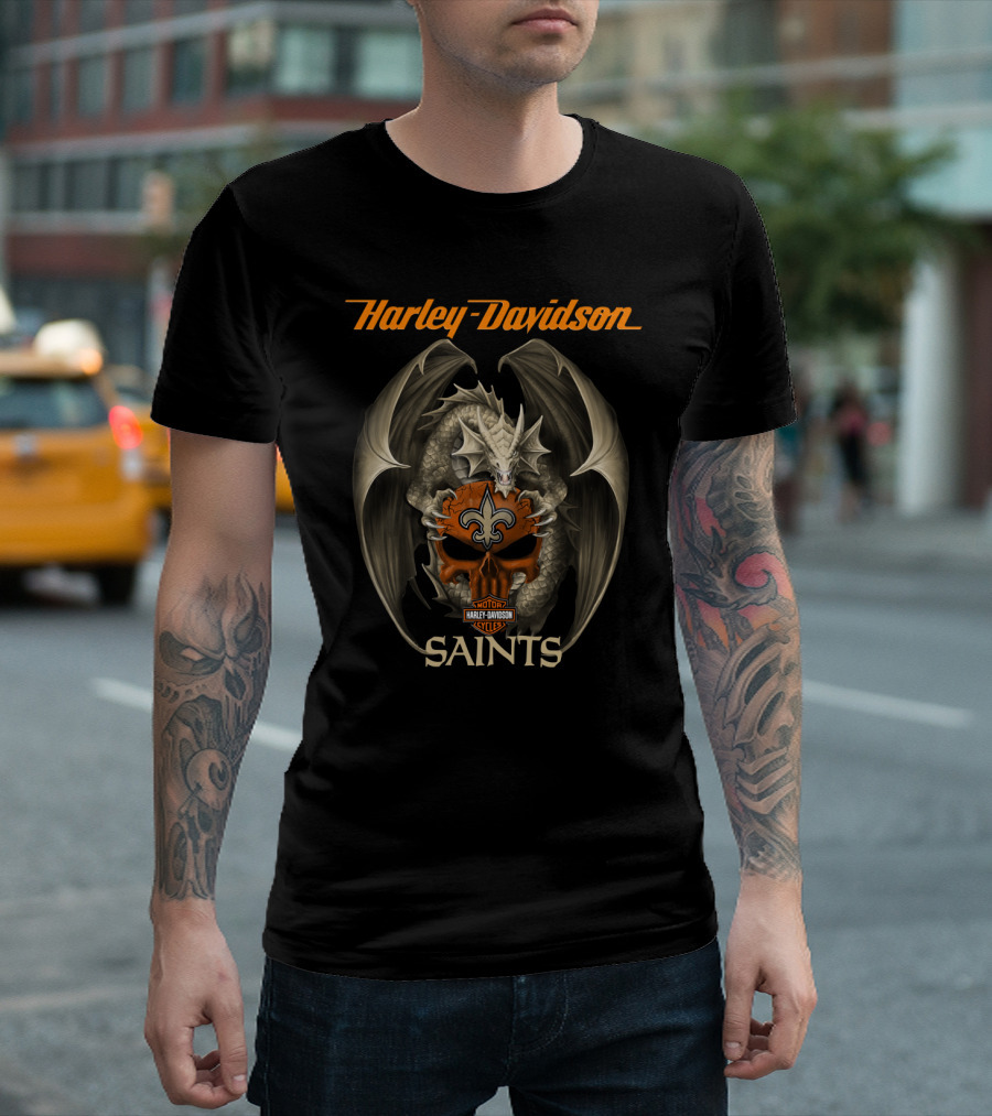 Harley Davidson Motorcycles Dragon Skull Saints New Orleans T-Shirt