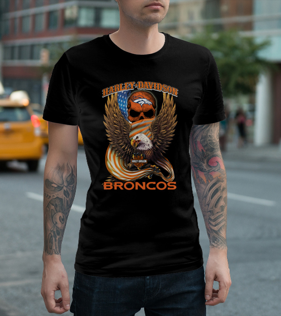 Harley Davidson Denver Broncos American Eagle Usa Skulls T-Shirt