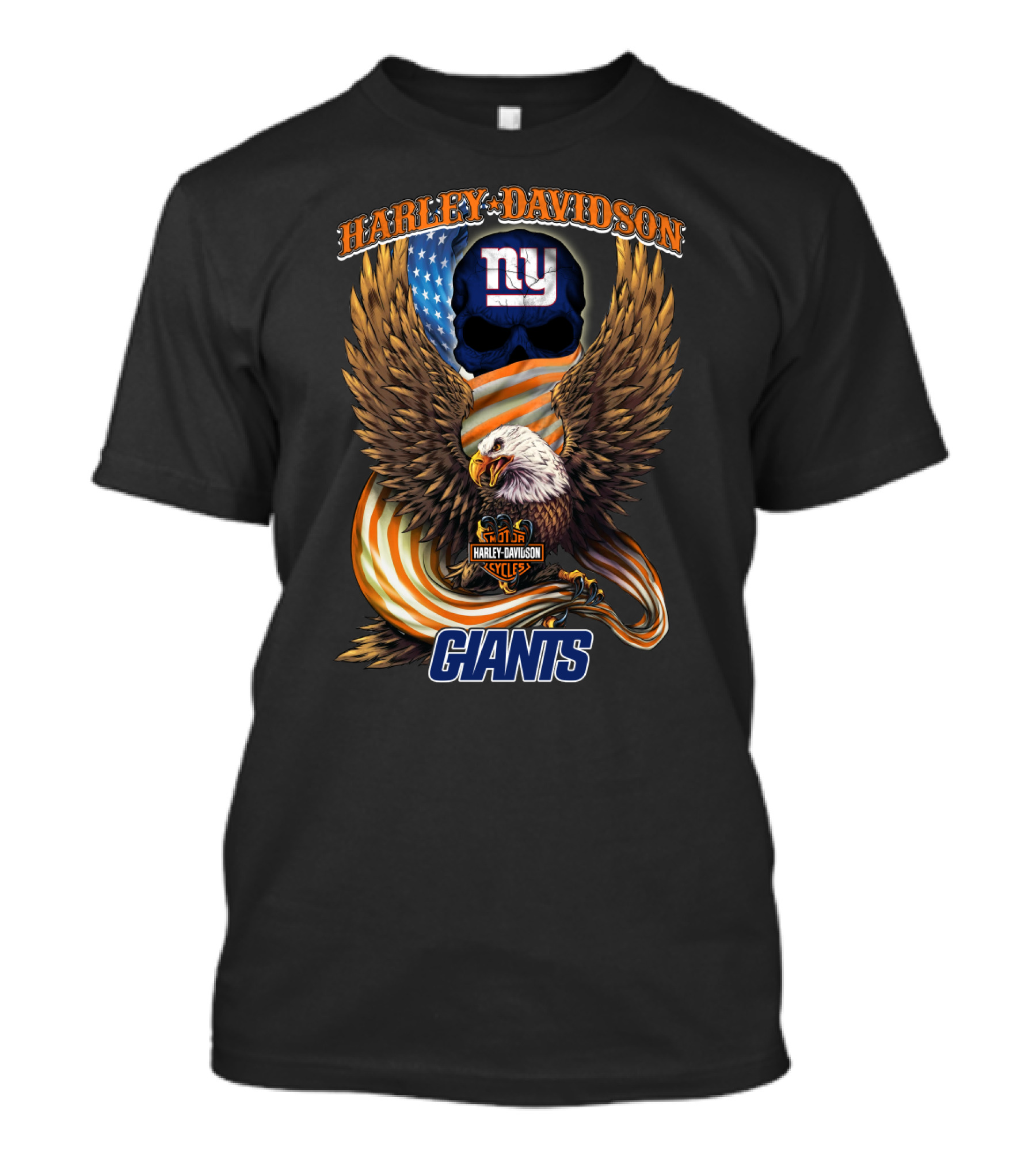 Harley Davidson New York Giants American Eagle Nfl Skull Usa Flag T-Shirt