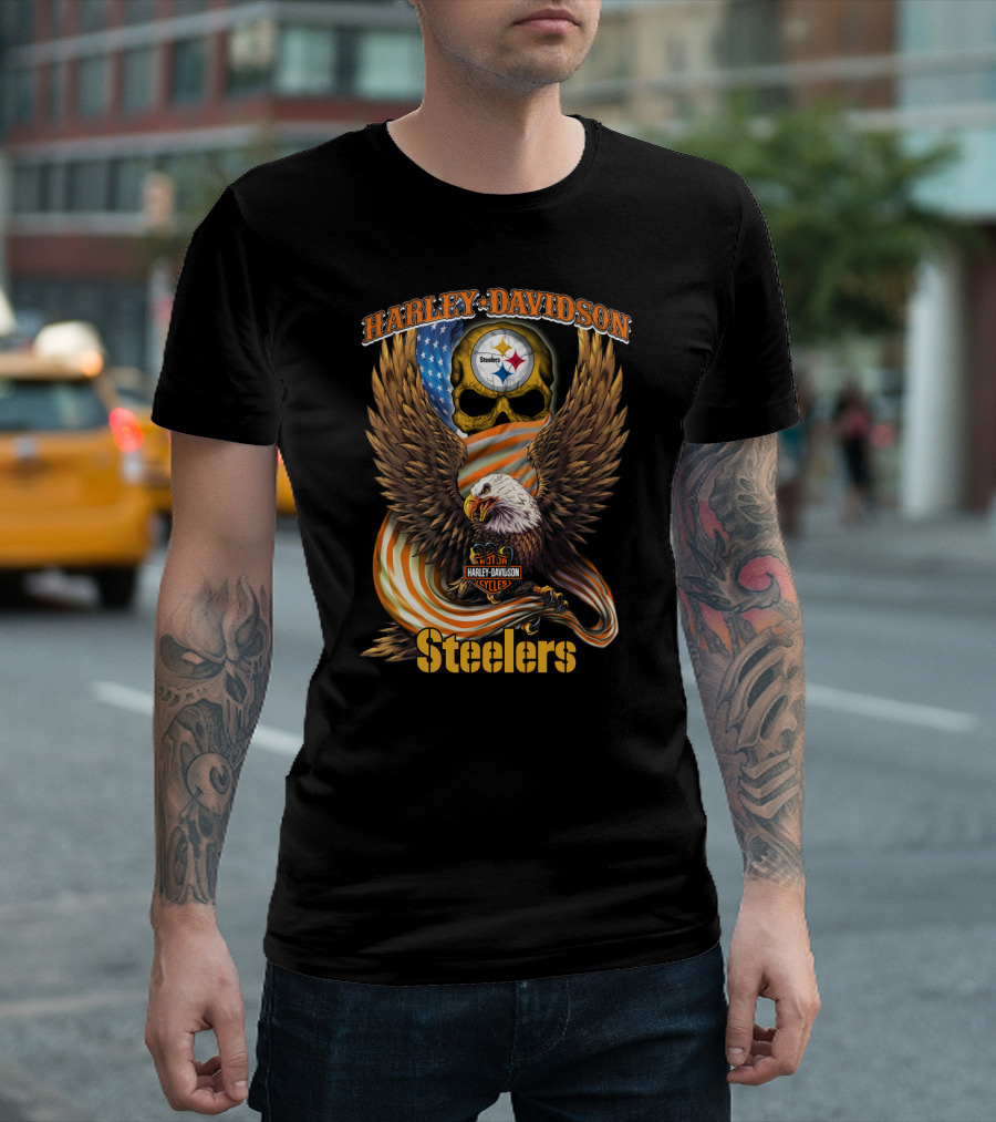 Harley Davidson Steelers Skull Eagle American Flag Pittsburgh Nfl T-Shirt