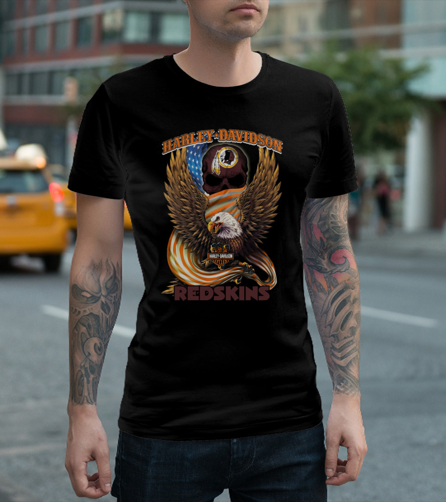 Harley Davidson Cycles Redskins Eagle And Skull Icon With American Flag T-Shirt