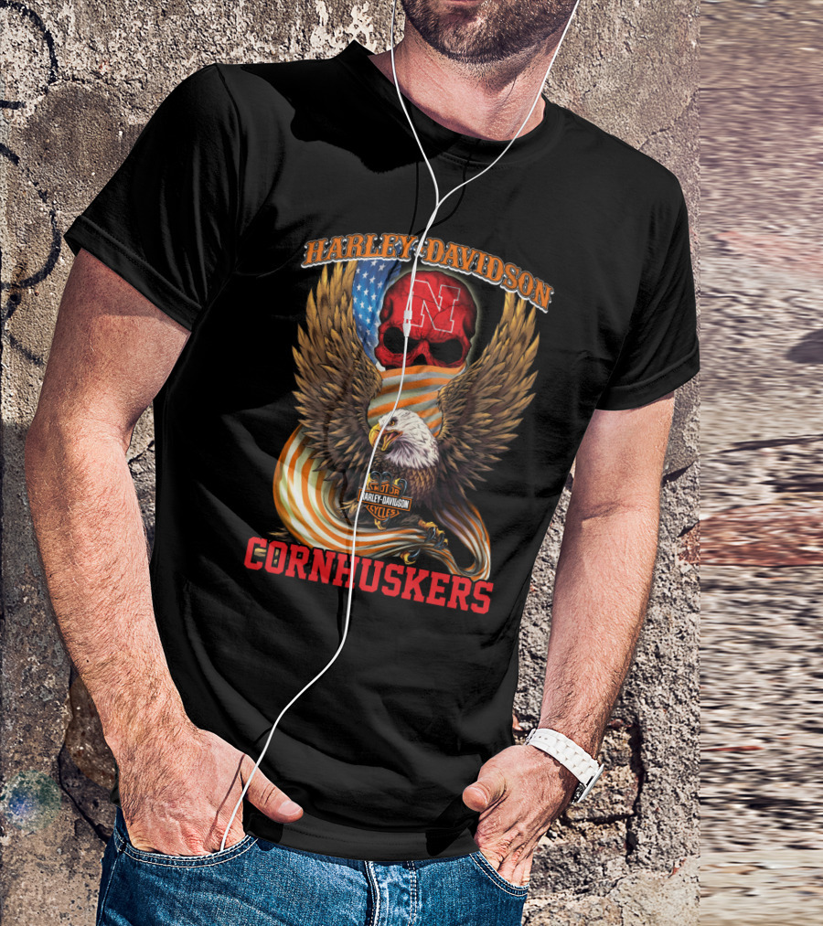 Harley Davidson Cornhuskers Nebraska Skull American Flag Eagle T-Shirt