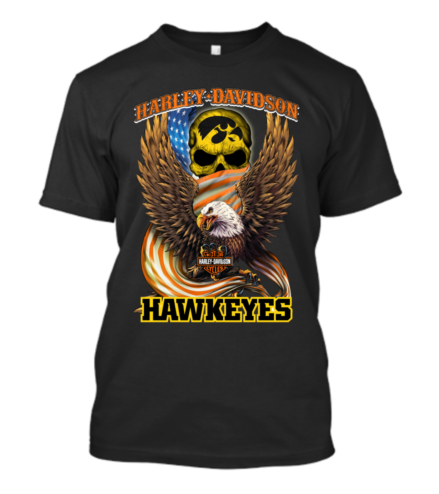 Harley Davidson Iowa Hawkeyes Skull Eagle Cycles Flag T-Shirt