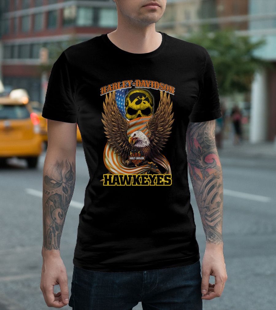 Harley Davidson Iowa Hawkeyes Skull Eagle Cycles Flag T-Shirt
