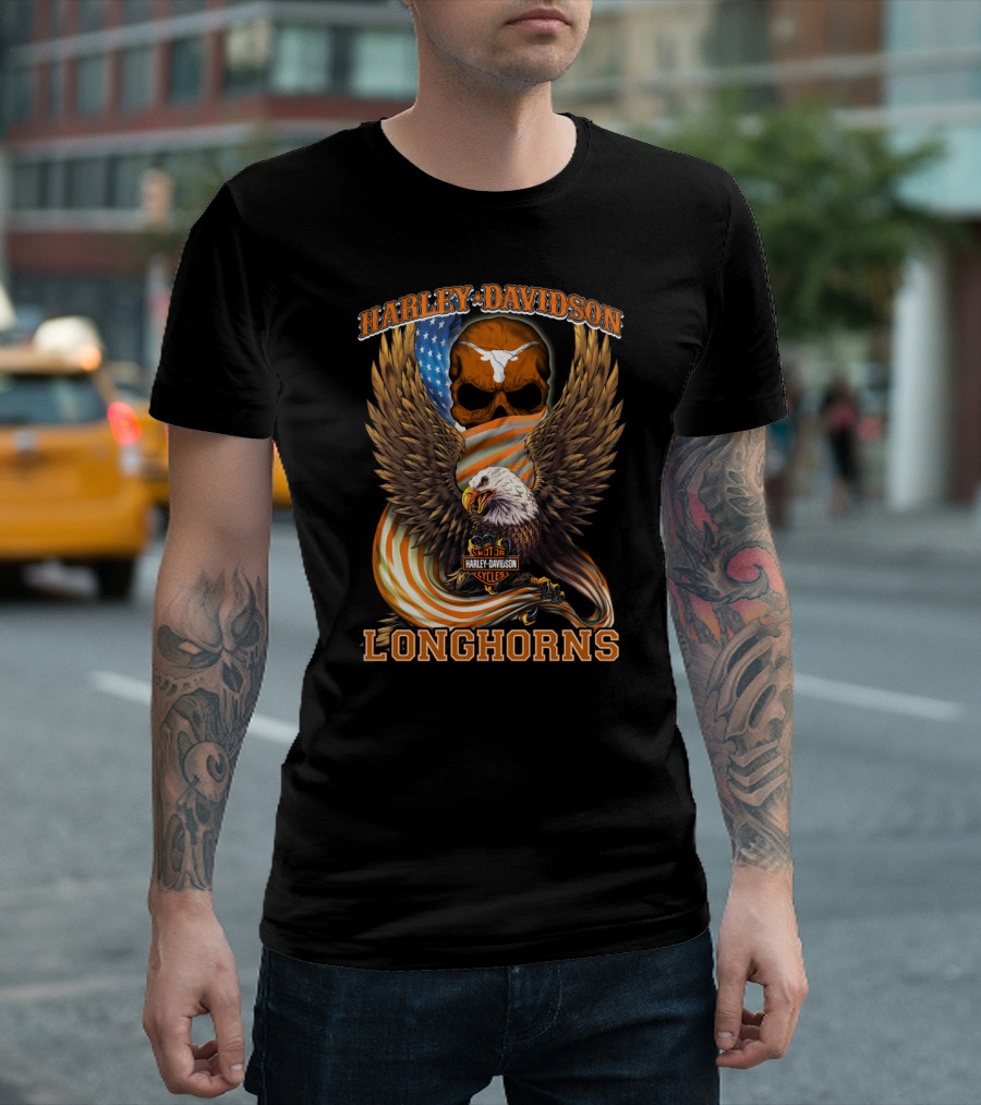 Harley Davidson Longhorns Eagle American Flag Skull T-Shirt