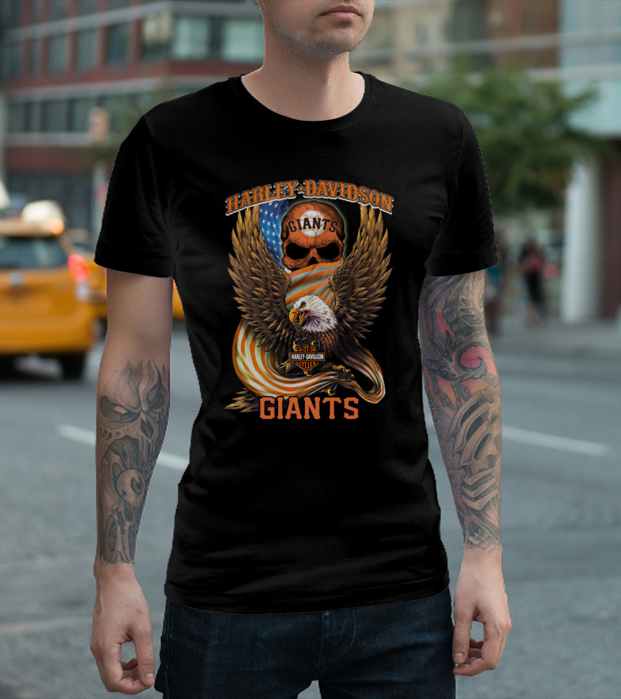Harley Davidson Giants Bikes Cycles Eagle American Flag Skull T-Shirt