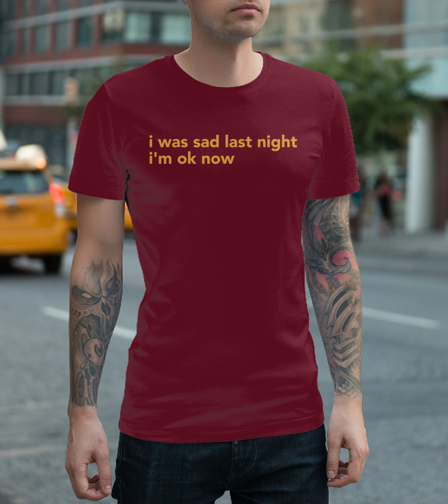I Was Sad Last Night I'm Ok Now Burgundy Text T-Shirt