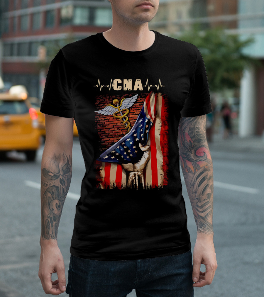CNA Nurse American Flag Caduceus Symbol With Heartbeat T-Shirt
