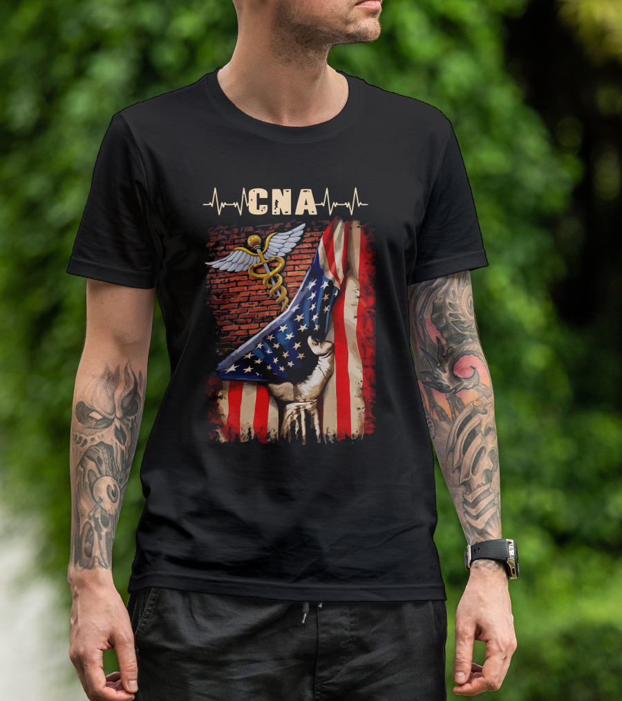 CNA Nurse American Flag Caduceus Symbol With Heartbeat T-Shirt