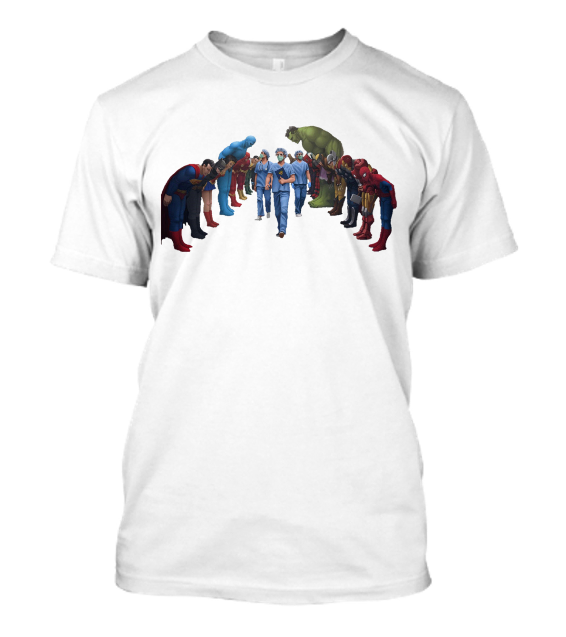 Healthcare Super Heroes Surrounded By Iconic Superhero Characters T-Shirt