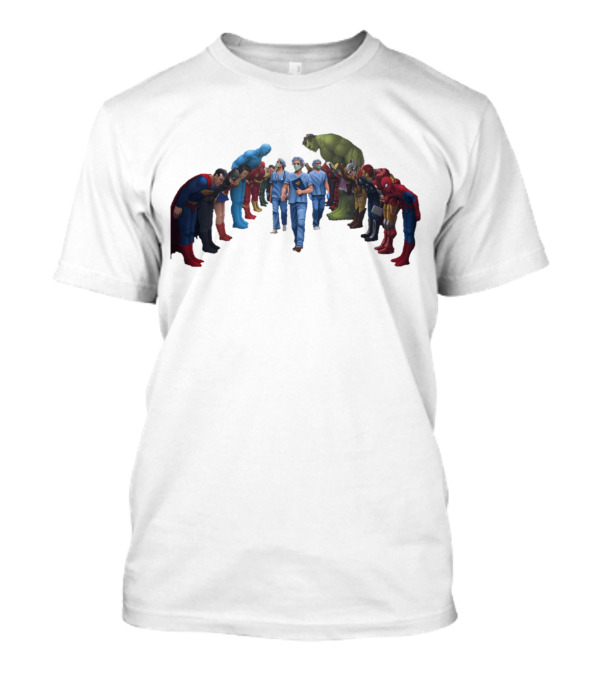 Healthcare Super Heroes Surrounded By Iconic Superhero Characters T-Shirt