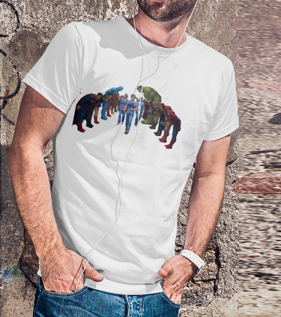 Healthcare Super Heroes Surrounded By Iconic Superhero Characters T-Shirt