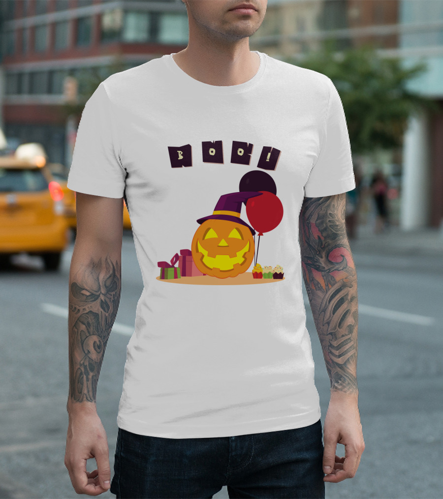 Boo Pumpkin Party with Witch Hat, Balloons, and Gifts T-Shirt