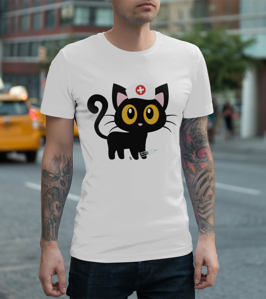 Cat Nurse Cute Black Cat With Syringe And Nurse Hat T-Shirt